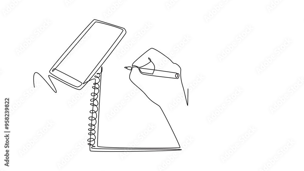 Aufkleber animated self drawing of continuous line draw of hand gesture writing on an open book beside a cup o
