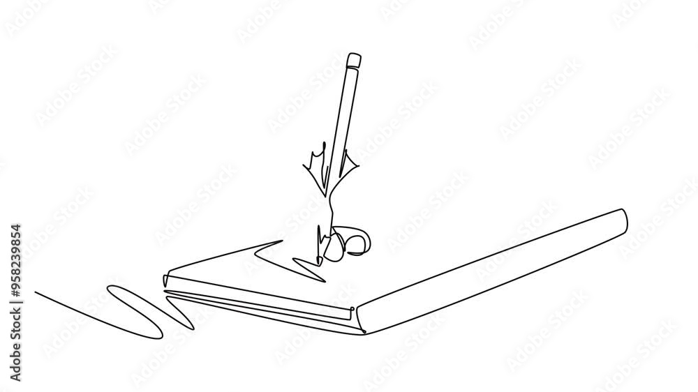 Poster animated self drawing of continuous line draw student school or collage hand gesture writing on an o