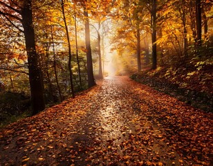 Naklejka premium Sunlit autumn forest path covered in colorful fallen leaves, surrounded by tall trees.