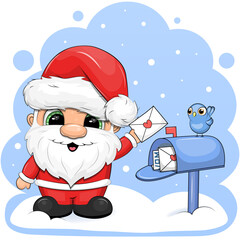 A cute cartoon Santa Claus with a letter stands next to the mailbox. Winter vector illustration on a blue background. © Olena