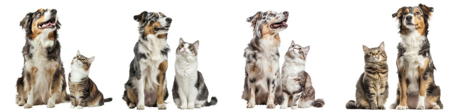A dog and a cat stand full-length on a transparent background looking up in the same direction