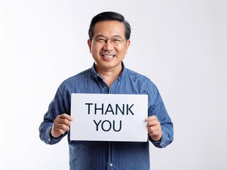 Thank You message :  asian man holding a sign with text. Expression of gratitude, sincerity, acknowledgment, appreciation, success. 
