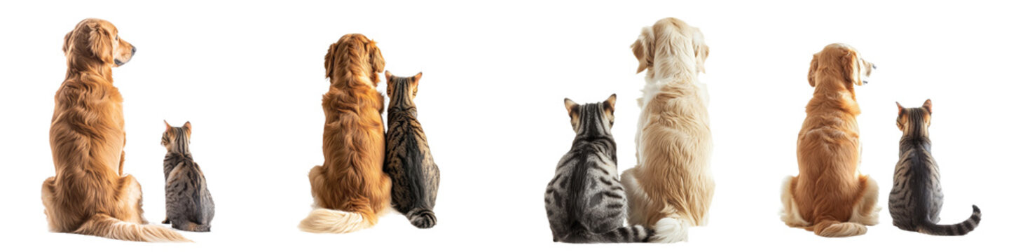 A back view of a dog and a cat looking upwards, with a transparent background