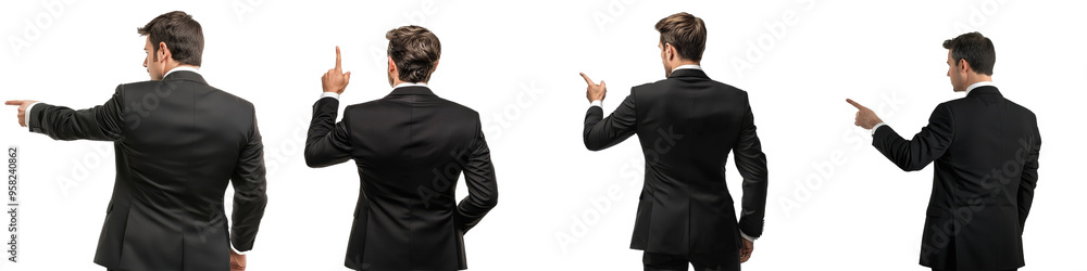 Aufkleber a full-body back view of a businessman and a businesswoman pointing at something on a transparency b