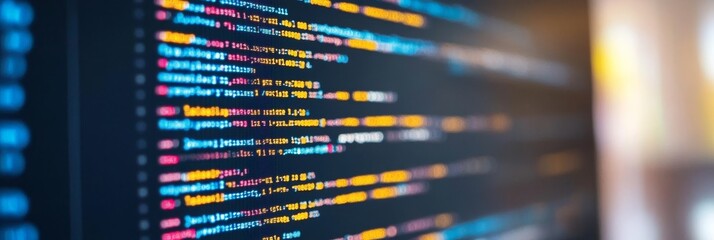 Blurred Close Up of Code on a Computer Monitor With Bright Orange, Blue, Pink, and Cyan Characters