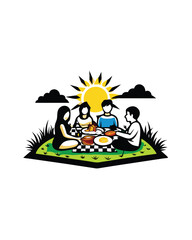 Illustration of four friends having a picnic on a sunny day.