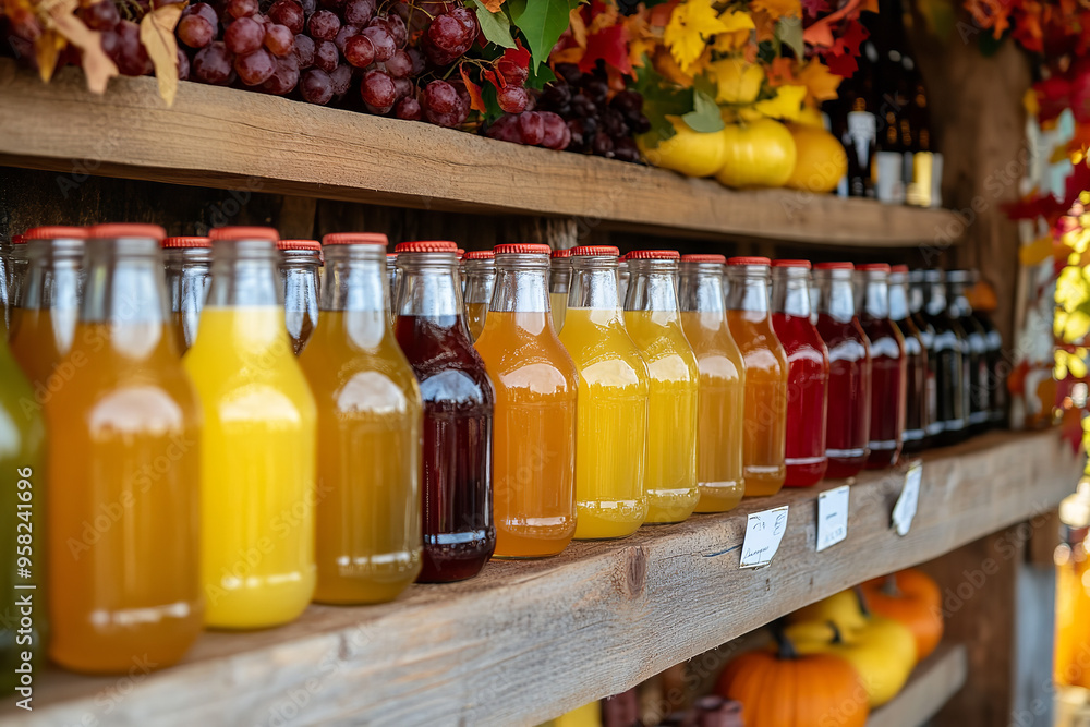 Wall mural Seasonal Cider Varieties Displayed in Autumn-Themed Decor  