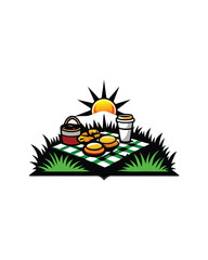 Illustration of a picnic with food, drinks, and a checkered blanket on a sunny day.