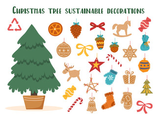 Sustainable Christmas tree decorations set. Sustainable Christmas concept. Christmas ornaments.