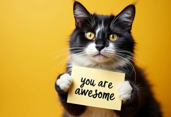 Compliment, congratulations and praise message. Cat holding banner with text  " you are awesome ".  Yellow background. Expression of gratefulness, motivation, appreciation.