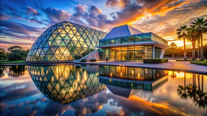 minimalist composition of orlando science center's futuristic architecture at dusk with sleek glass and steel accents