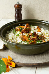ceramic dish with risotto with chanterelles on light table