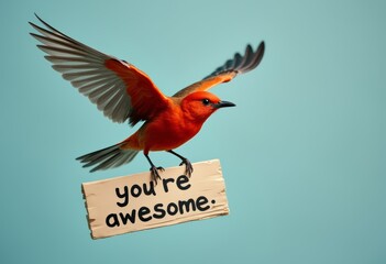 Compliment, congratulations and praise message. Red bird flying with a text note  " you are awesome ".  Expression of gratefulness, motivation, appreciation.