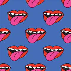 seamless square pattern - open mouth in punk rock style. Rock and roll ornament in funky and groove style of the 1970s. Good vibes only - psychedelic hippie print. Nostalgia for retro and bizarre char