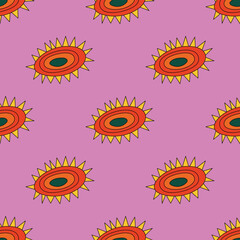 1970s floral seamless pattern. Groovy and funky hippie aesthetic.Good vibes only.Ornament with flowers, botany, petals.Psychedelic rainbow repeating background.Retro print for fabric with nature.	