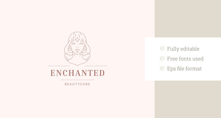 Elegant mystic young woman face with star line art logo design template vector illustration. Beautiful female portrait mythology sacred silhouette for cosmetic brand makeup artist beauty salon