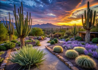 serene lavender Arizona cactus garden dusk