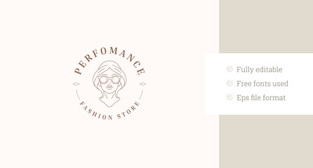 Stylish female in sunglasses portrait minimalist line art circle logo design template vector illustration. Fashion woman face silhouette linear logotype for designer clothes shop store makeup artist