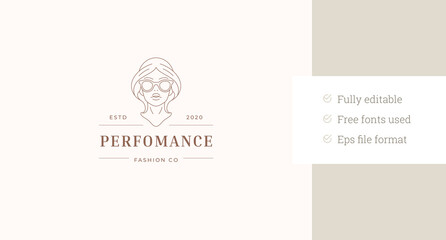 Fashion woman in sunglasses portrait minimalist line art logo design template vector illustration. Stylish female face elegant silhouette linear logotype for makeup artist stylist designer