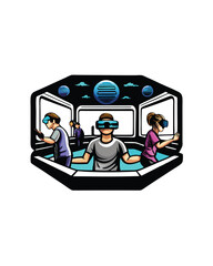 A group of people wearing VR headsets and playing virtual reality games inside a futuristic gaming arena.