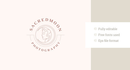 Mythology woman with crescent circle line art logo design template vector illustration. Sacred mystic elegant female portrait with half moon minimalist linear logotype wellness spa cosmetology salon