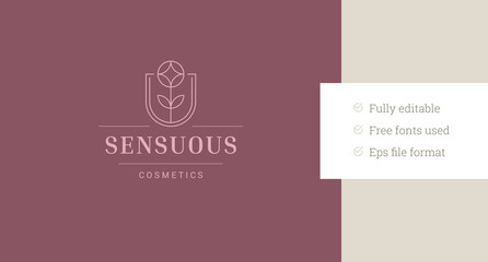 Organic natural flower geometric minimalist line art logo design template vector illustration. Beautiful creative abstract floral blossom linear logotype for spa wellness skin hair care cosmetology