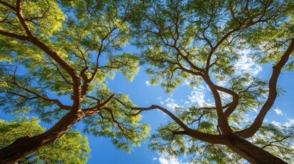 Fototapeta premium Looking Up at Tree Branches Against a Blue Sky