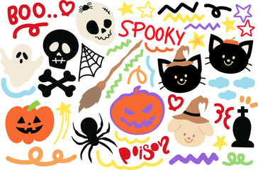 Halloween illustrations of ghost, puppy, black cat, pumpkin, head skull, witch hat, tombstone, bone for spooky decoration, cartoon character, costume, sticker, card print, patch, campaign badge, font