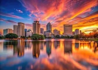 Obraz premium breathtaking panoramic view of orlando's skyline from lake underhill park at sunset with vibrant orange and pink hues