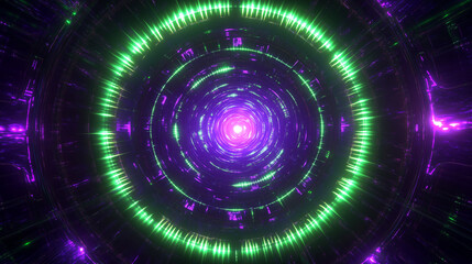 Fototapeta premium Glowing neon vortex with swirling green and purple lights, creating a futuristic tunnel effect, evoking a sci-fi and digital energy vibe