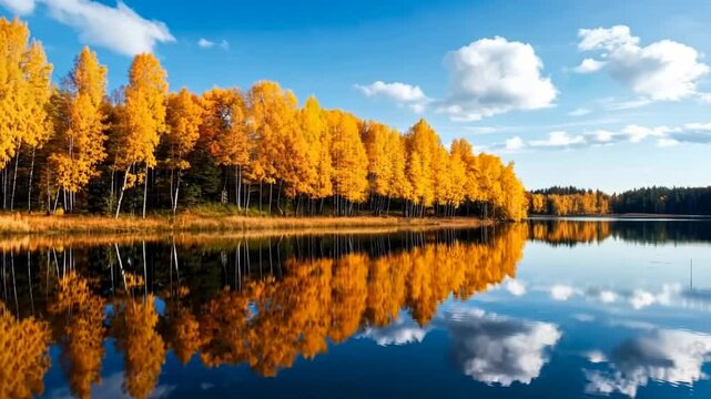 Golden autumn trees reflecting in a calm lake under a bright blue sky, symbolizing tranquility and the beauty of changing seasons; perfect for Thanksgiving and fall-themed imagery
