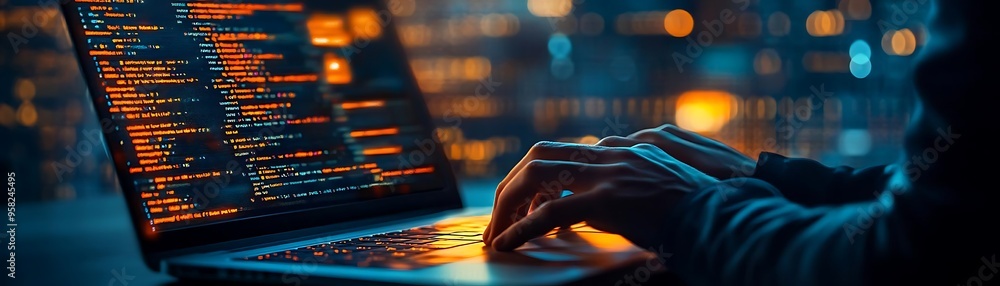 Poster closeup of hands typing on a laptop with code on the screen - realistic image