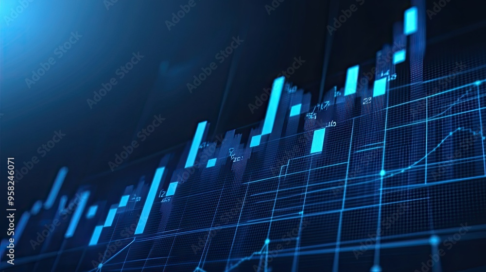 Poster a business graph with an upward trend on a blue background. space available for text on the right.