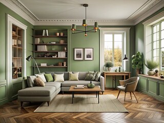 * muted sage green walls: technical (color of the walls)