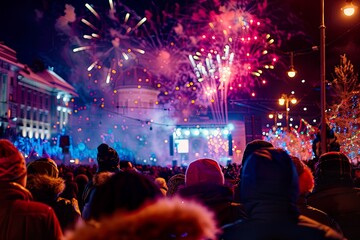Fototapeta premium Crowded New Year's Eve City Square with Fireworks
