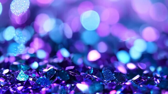 Vibrant close-up of sparkling purple and blue glitter, perfect for New Year's Eve celebrations, party decorations, and festive holiday backgrounds