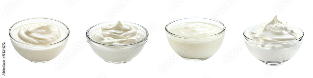 Poster in this image, a bowl of greek yogurt or sour cream is photographed on an isolate transparency backg