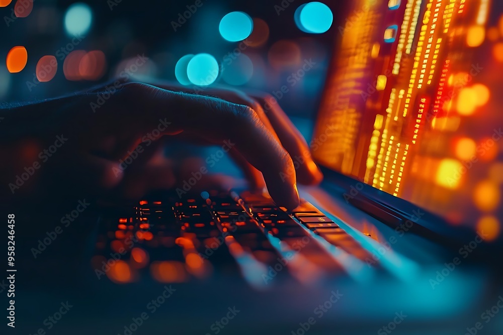 Poster hands typing on laptop keyboard with code on screen - realistic photo