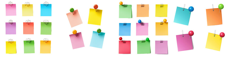 This note paper includes pins, binder clips, push pins, adhesive tape and tacks. Blank pages, sticky notes, torn pieces of paper, and notebook pages. Modern illustration.