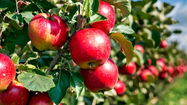 Ripe red apples hanging on tree branches in an orchard, symbolizing harvest season and fall festivities like Thanksgiving