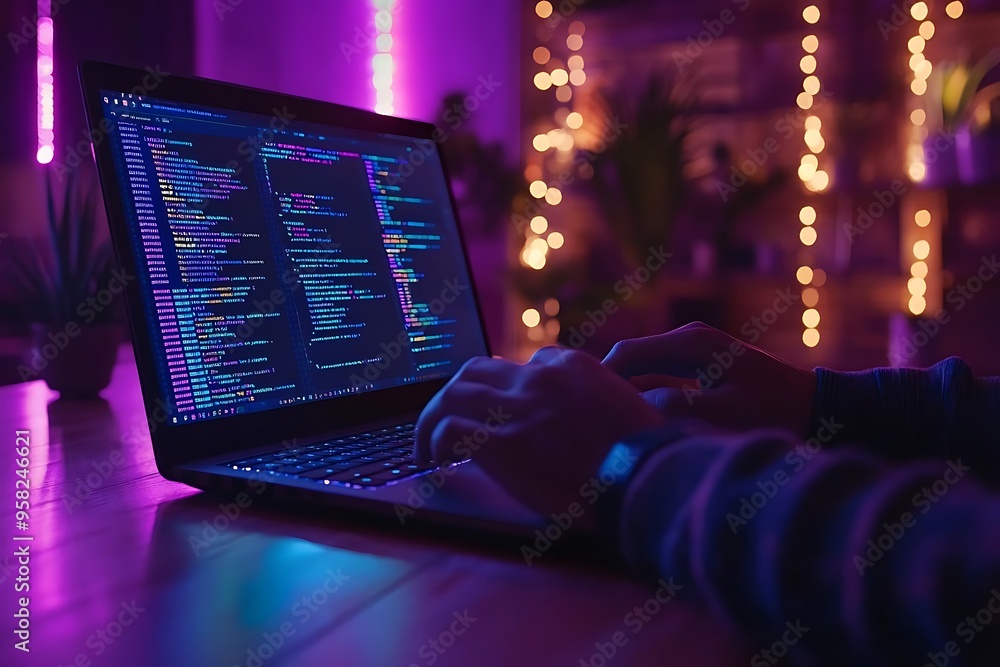 Poster programmer working on a laptop with code on the screen in a purple lit room - photo