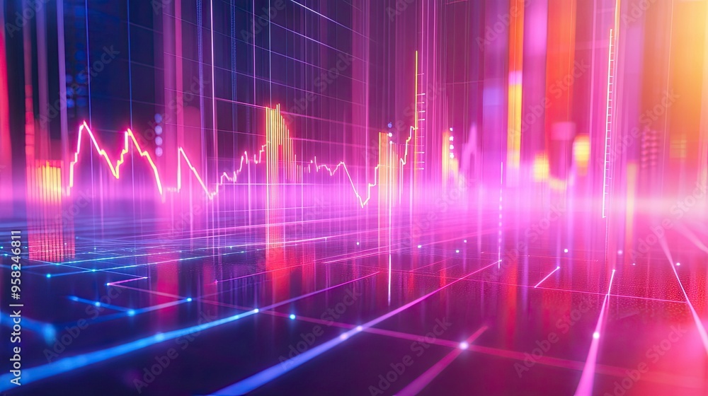 Poster a futuristic business graph with glowing lines, on a gradient background. large area for copy on the