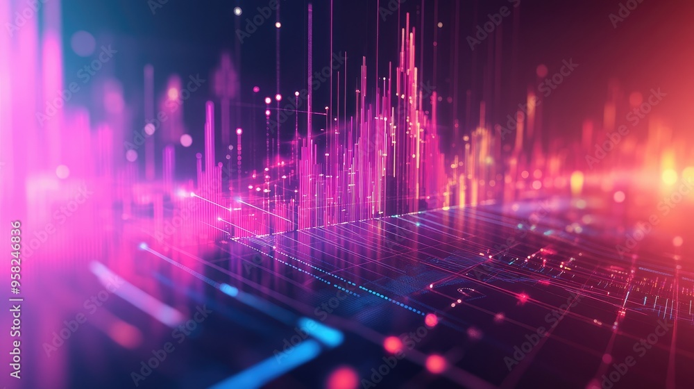 Poster a futuristic business graph with glowing lines, on a gradient background. large area for copy on the