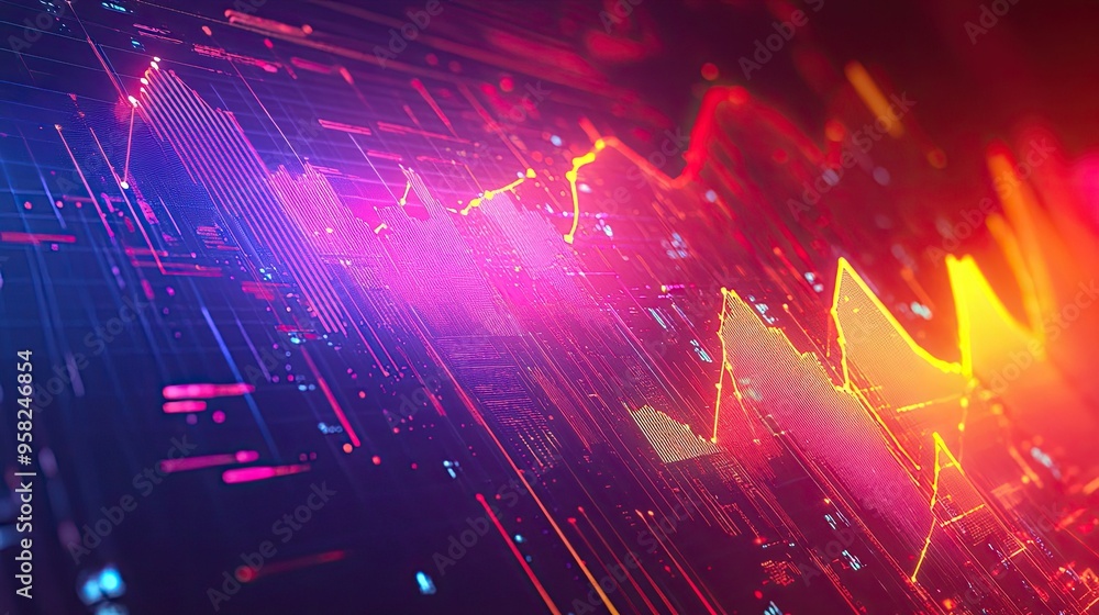 Poster a futuristic business graph with glowing lines, on a gradient background. large area for copy on the