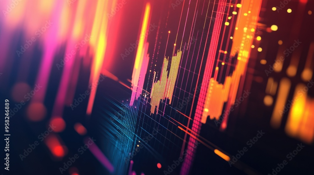 Poster a futuristic business graph with glowing lines, on a gradient background. large area for copy on the