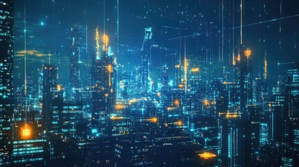 Obraz premium A futuristic smart city with a glowing communication network overlay, ample copy space, no people.