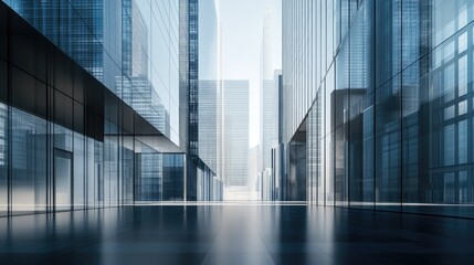 A modern business district featuring sleek 3D buildings, empty and spacious for copy. No people.