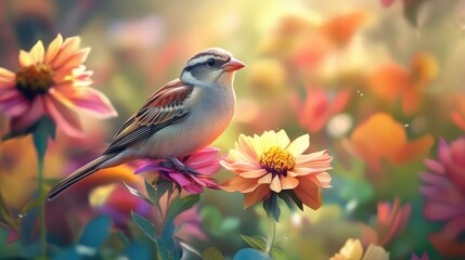 Obraz premium A bird perched on a colorful flower, its delicate form contrasting with the vibrant blooms.
