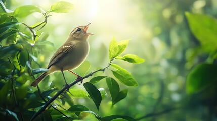 A bird perched on a branch, singing a melodious song while surrounded by lush greenery.