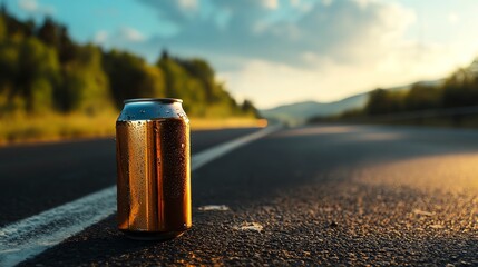Close-up of an aluminum can on an empty road during sunset, with a blurred background of trees and mountains.